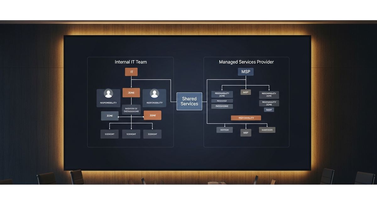 Diagram showing co-managed IT model with internal team and MSP responsibilities clearly separated with connection points